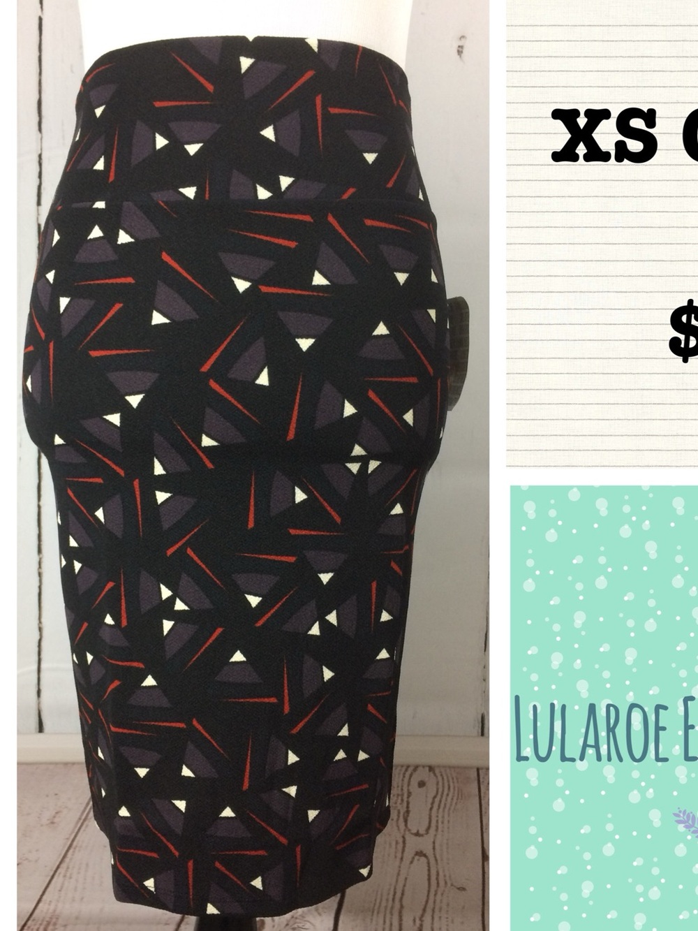 LuLaRoe Black Geometric Pencil Skirt with Red and Cream Accents